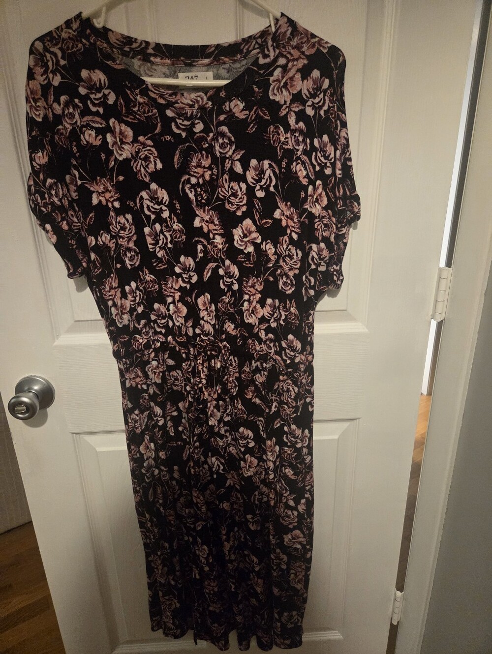 Floral Drawstring Black Maxi Dress with Pink Print
